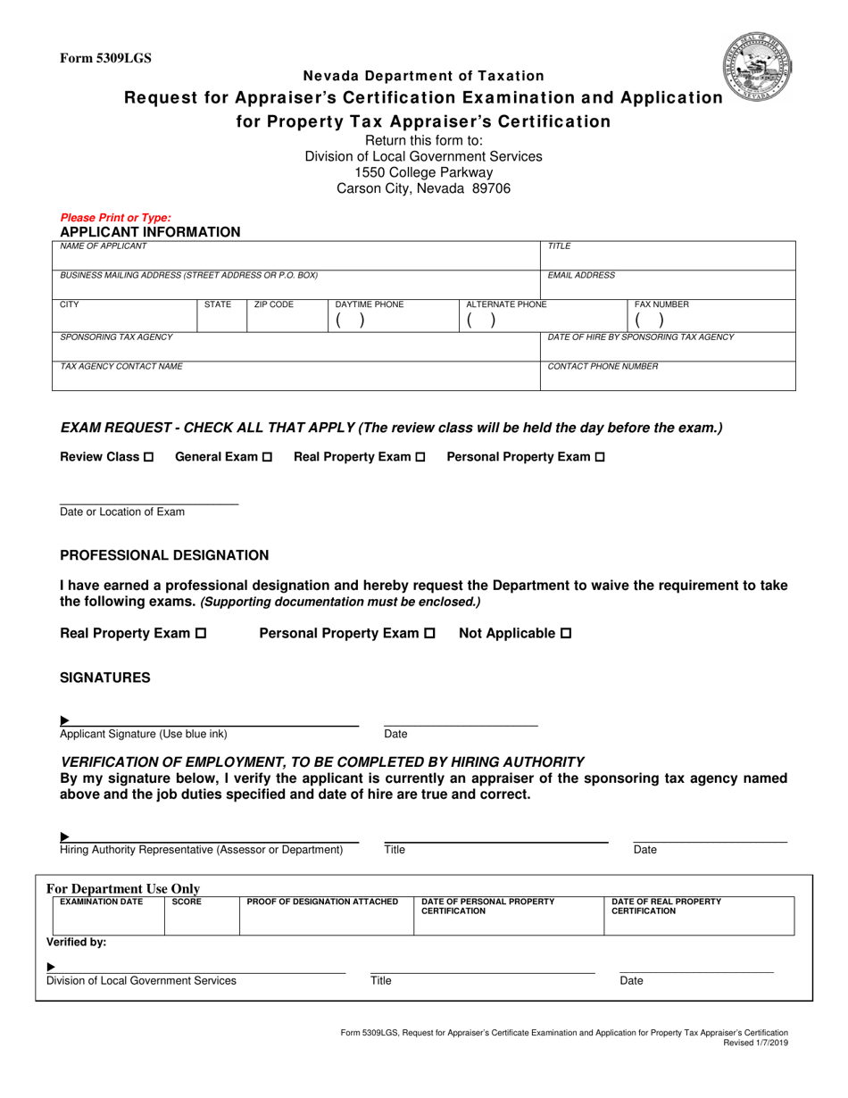 Form 5309LGS Request for Appraisers Certification Examination and Application for Property Tax Appraisers Certification - Nevada, Page 1