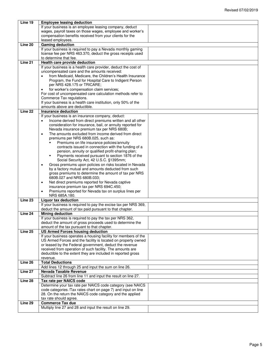 Instructions for Form TXR-030.01 Nevada Commerce Tax Return - Nevada, Page 5