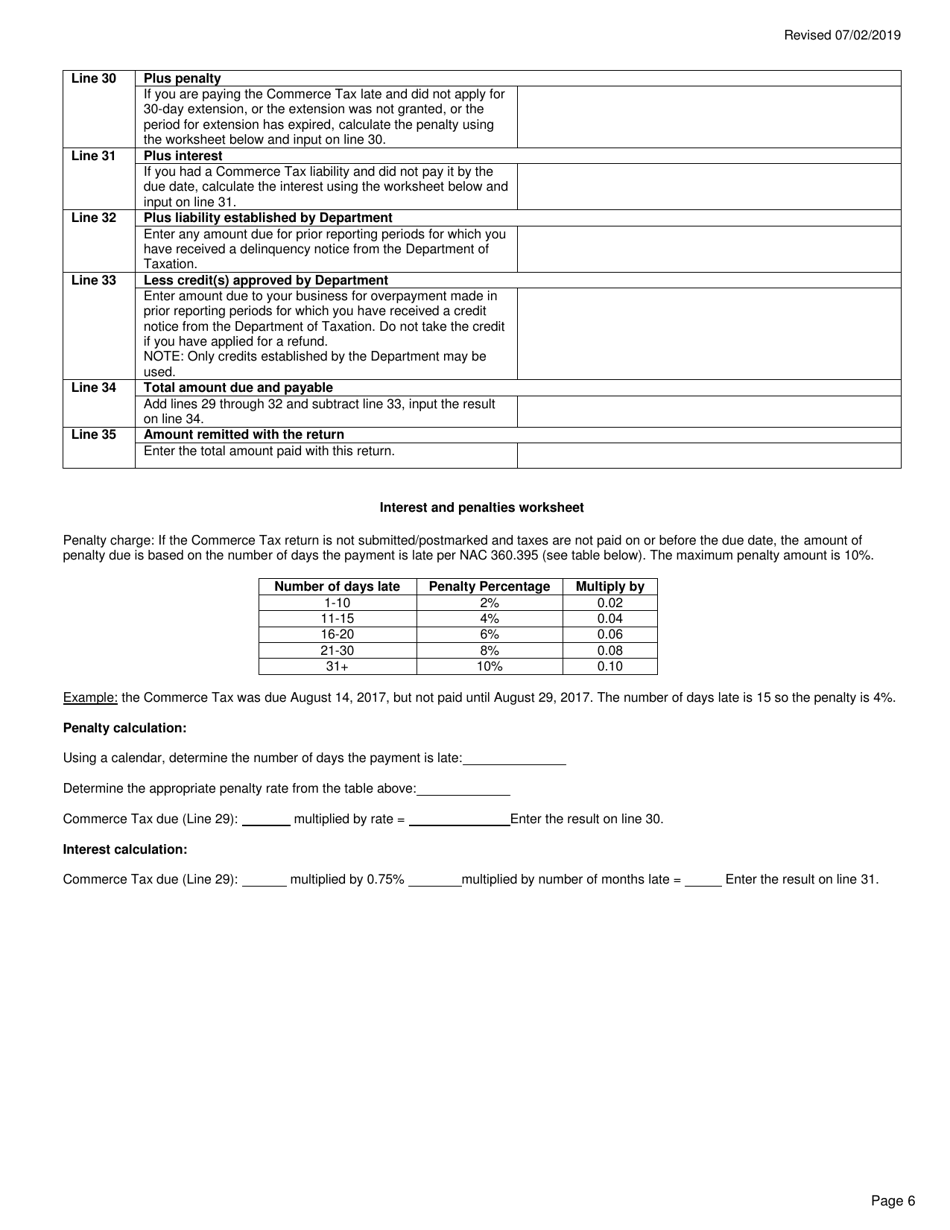 Instructions for Form TXR-030.01 Nevada Commerce Tax Return - Nevada, Page 6