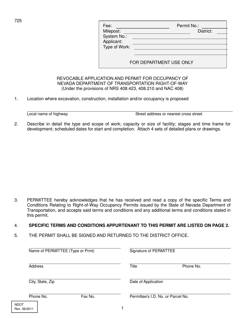 Form 725 Revocable Application and Permit for Occupancy of Nevada Department of Transportation Right-Of-Way - Nevada, Page 1