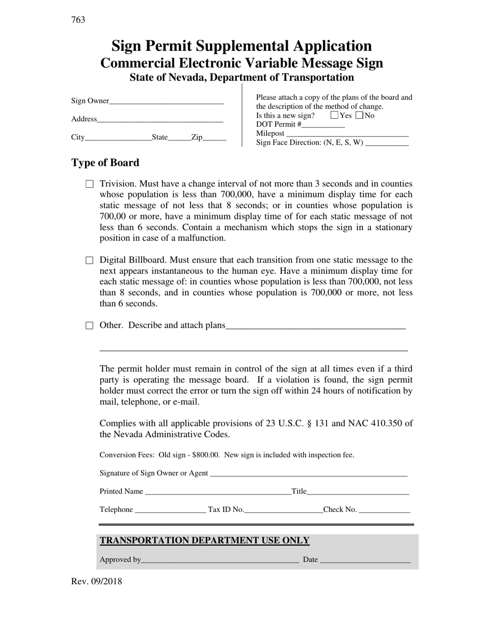 Form 763 Sign Permit Supplemental Application - Nevada, Page 1