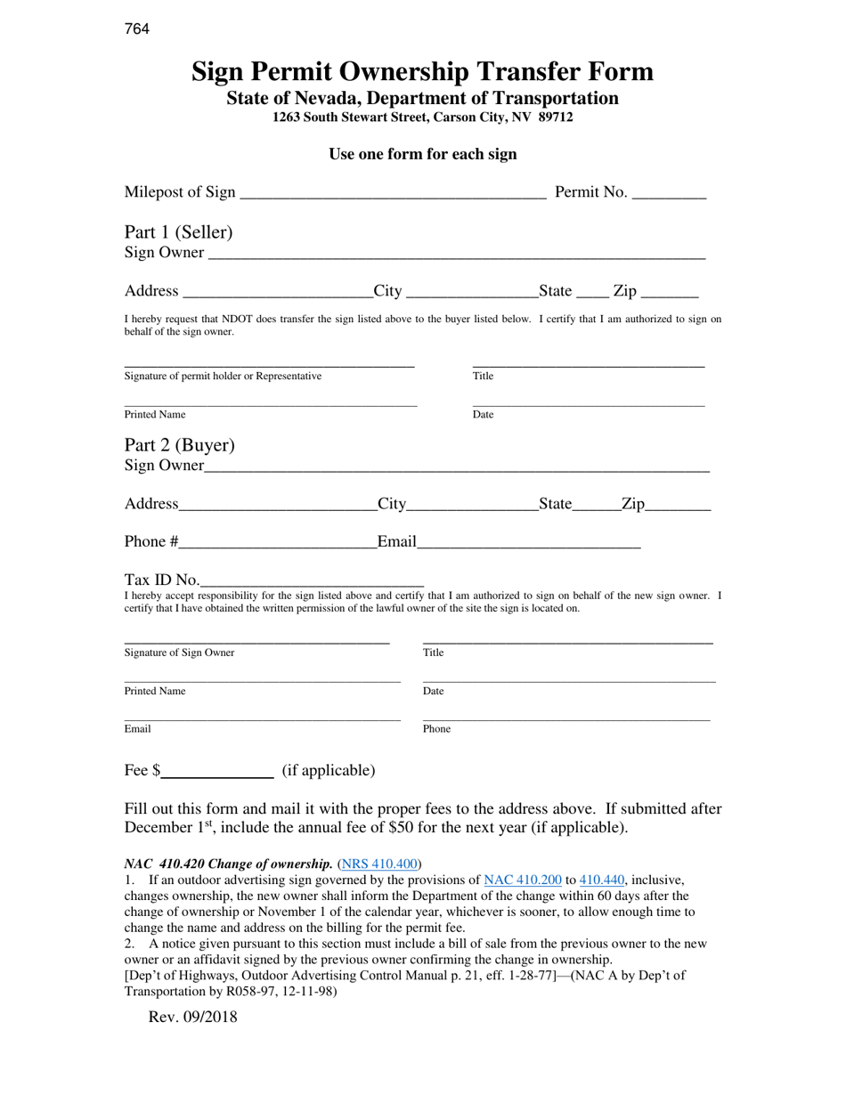 Form 764 Sign Permit Ownership Transfer Form - Nevada, Page 1