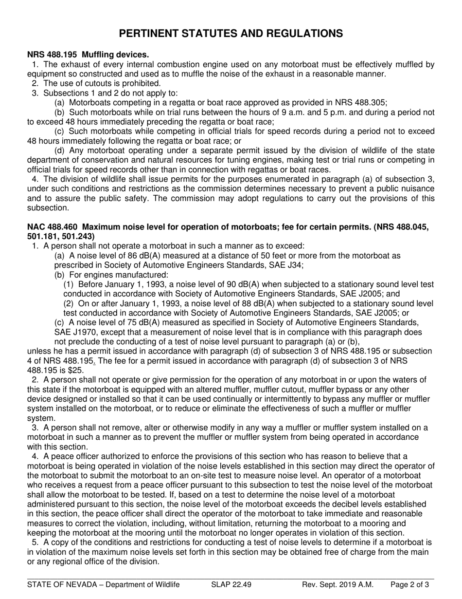 Form SLAP22.49 Motorboat Noise Exemption Permit Application - Nevada, Page 2