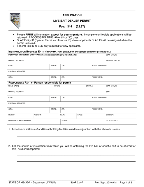 Form SLAP22.87 Live Bait Dealer Permit Application - Nevada