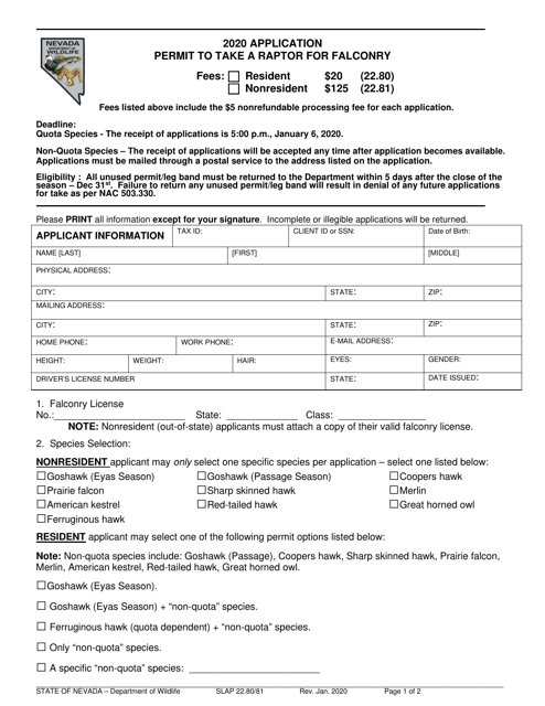 Form SLAP22.80/81 Application Permit to Take a Raptor for Falconry - Nevada, 2020