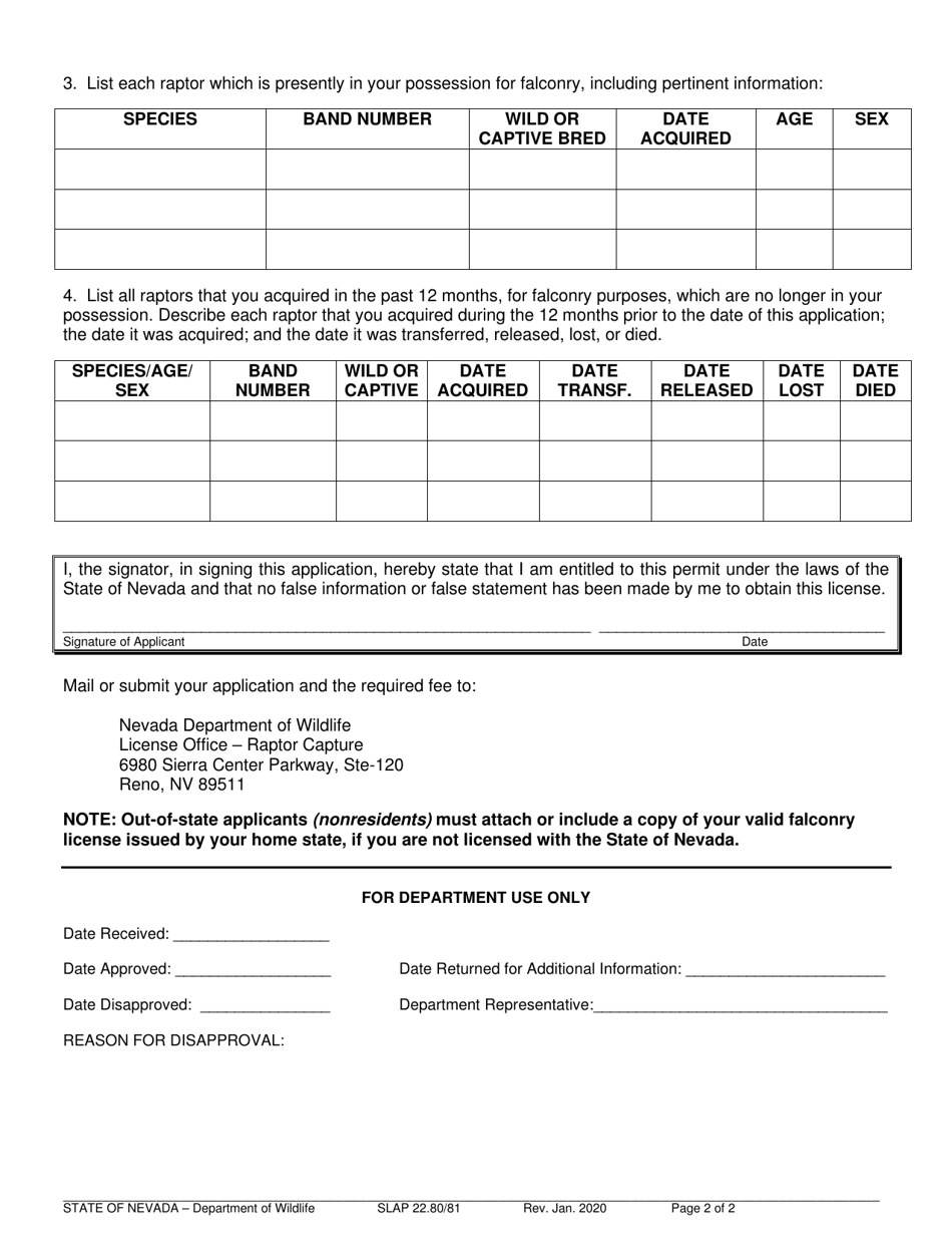 Form SLAP22.80 / 81 Application Permit to Take a Raptor for Falconry - Nevada, Page 2