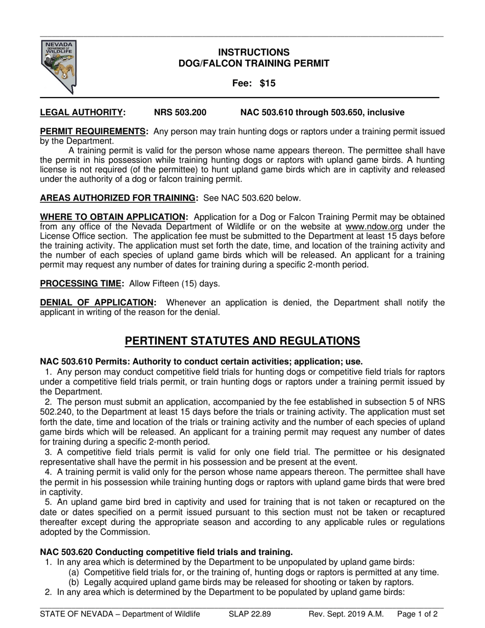 Instructions for Dog / Falcon Training Permit Application - Nevada, Page 1