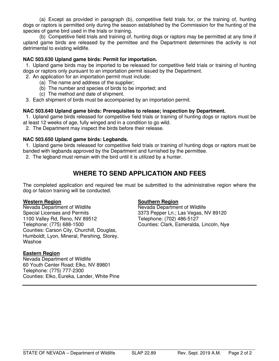 Instructions for Dog / Falcon Training Permit Application - Nevada, Page 2
