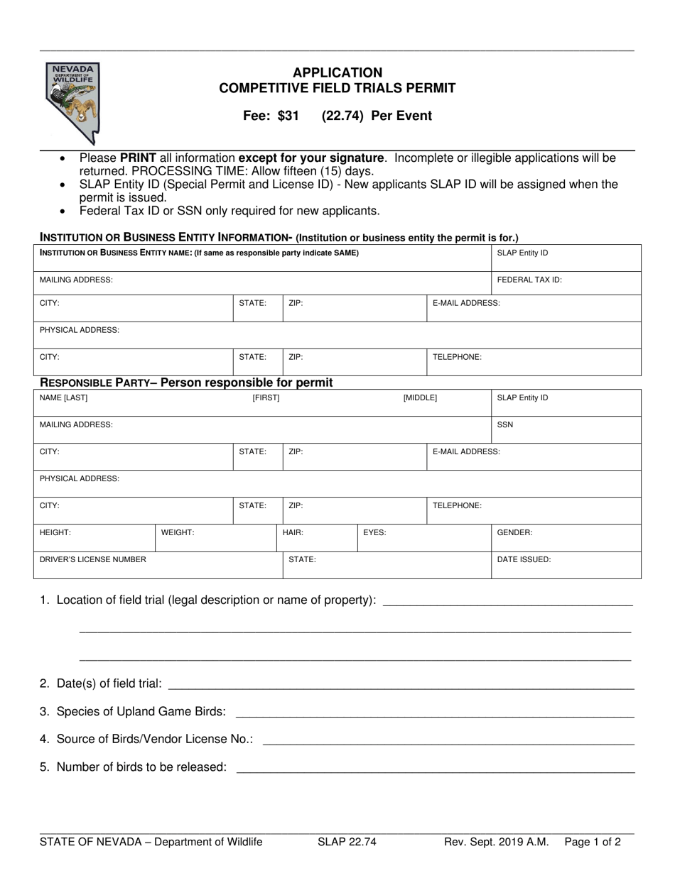 Competitive Field Trials Permit Application - Nevada, Page 1