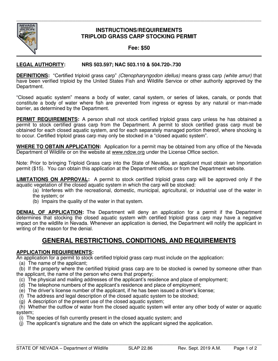 Instructions for Triploid Grass Carp Stocking Permit Application - Nevada, Page 1