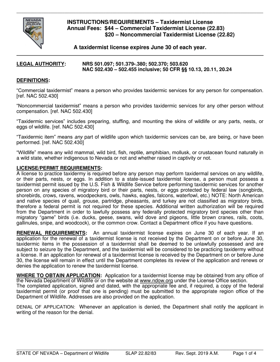 Instructions for Taxidermist License Application - Nevada, Page 1