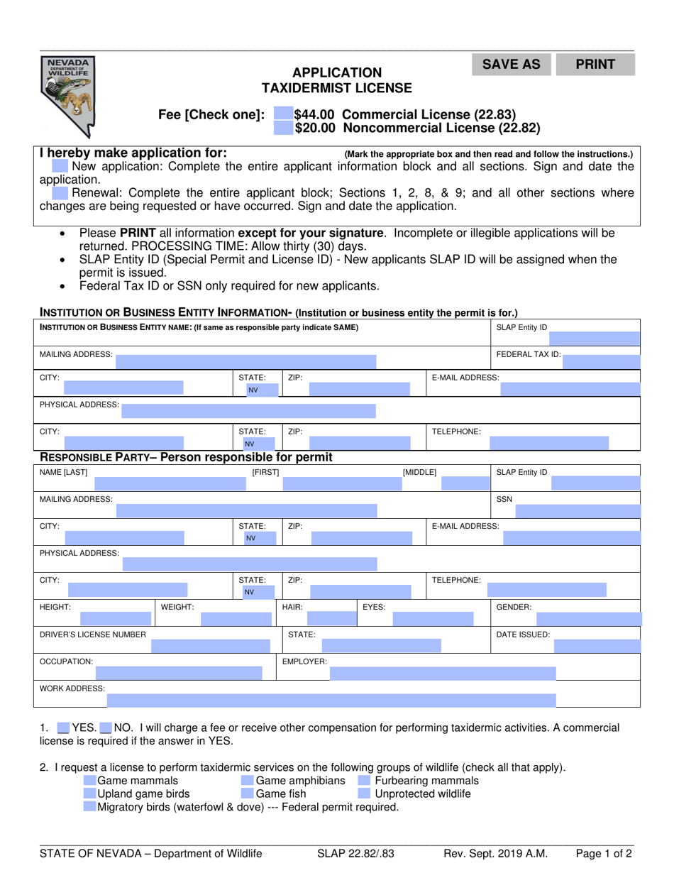 Taxidermist License Application - Nevada, Page 1