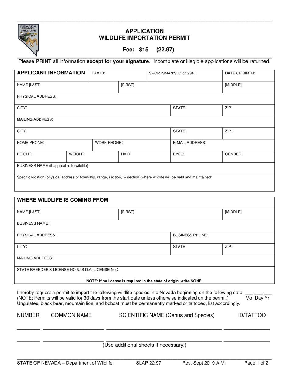 Wildlife Importation Permit Application - Nevada, Page 1