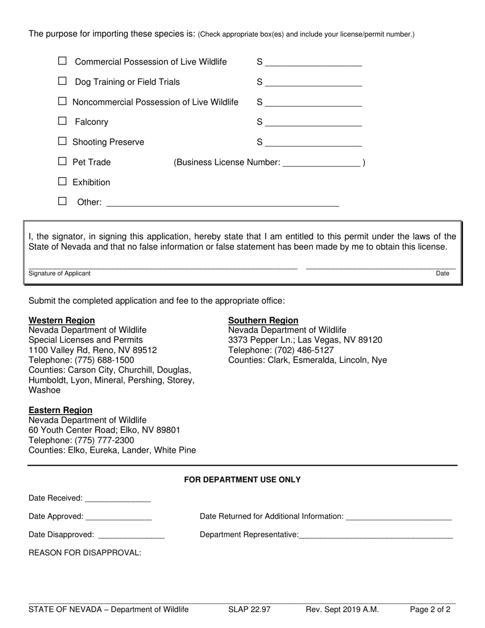 Wildlife Importation Permit Application - Nevada, Page 2