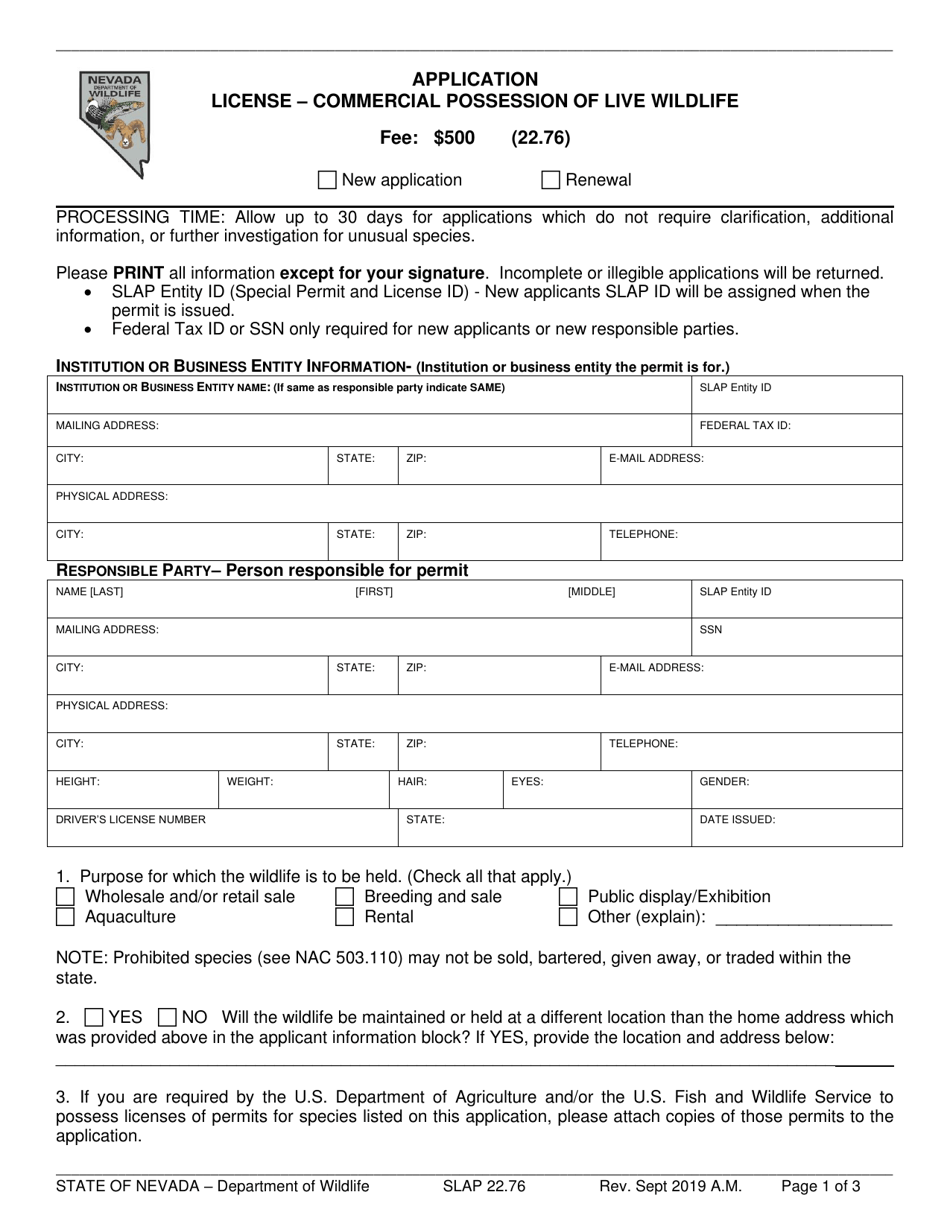 License  Commercial Possession of Live Wildlife Application - Nevada, Page 1