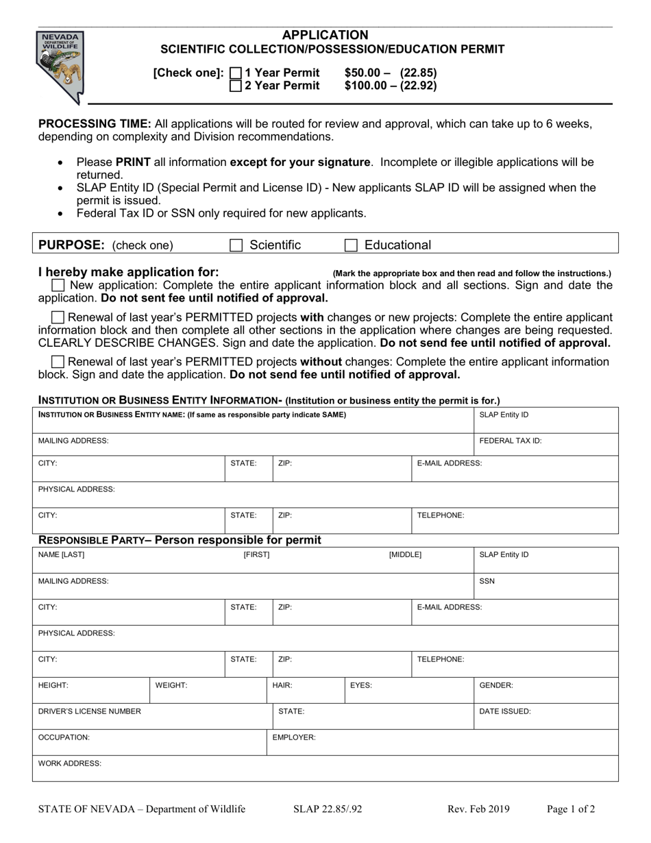 Scientific Collection / Possession / Education Permit Application - Nevada, Page 1