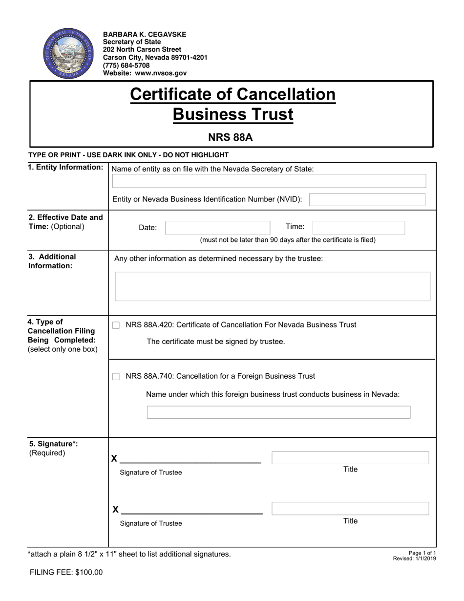 Certificate of Cancellation Business Trust - Nevada, Page 1