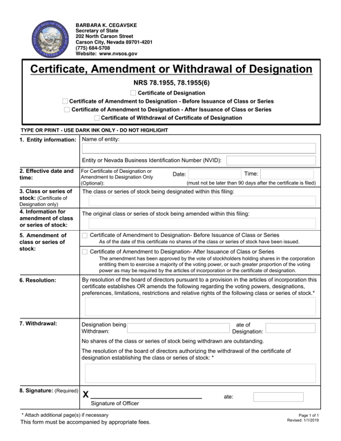 Certificate, Amendment or Withdrawal of Designation - Nevada Download Pdf