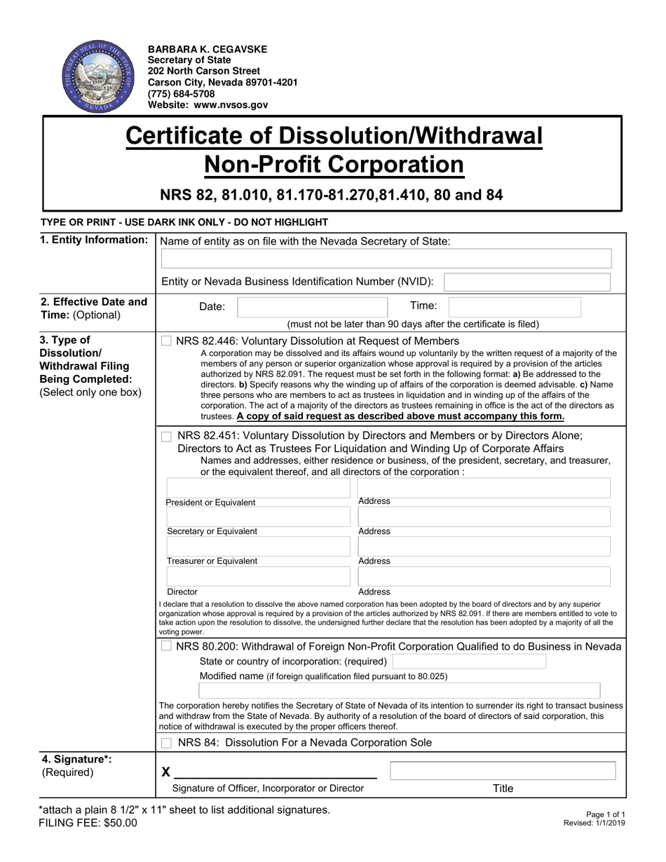 Certificate of Dissolution / Withdrawal Non-profit Corporation - Nevada, Page 1