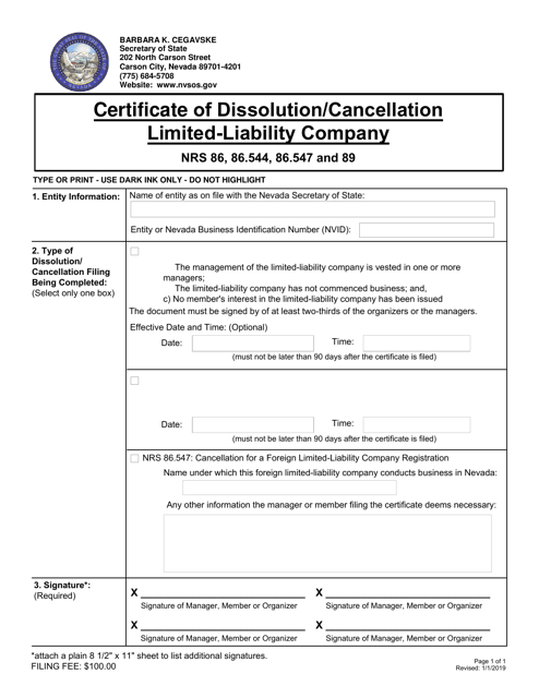 Certificate of Dissolution / Cancellation Limited-Liability Company - Nevada Download Pdf