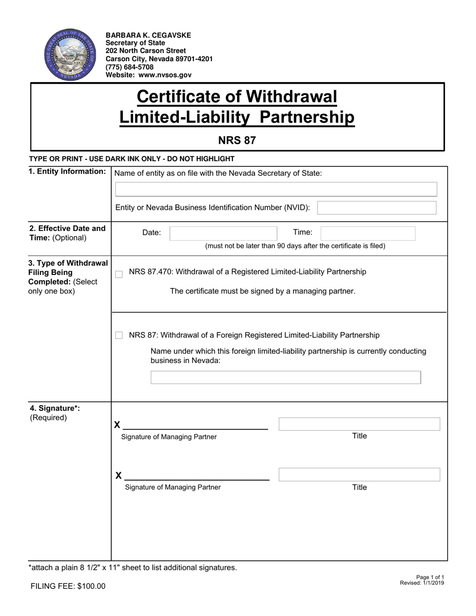 Certificate of Withdrawal Limited-Liability Partnership - Nevada, Page 1