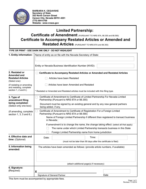 Limited Partnership Certificate of Amendment, Certificate to Accompany Restated Articles or Amended and Restated Articles - Nevada Download Pdf