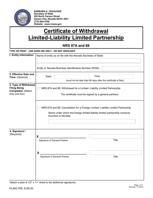 Certificate of Withdrawal Limited-Liability Limited Partnership - Nevada