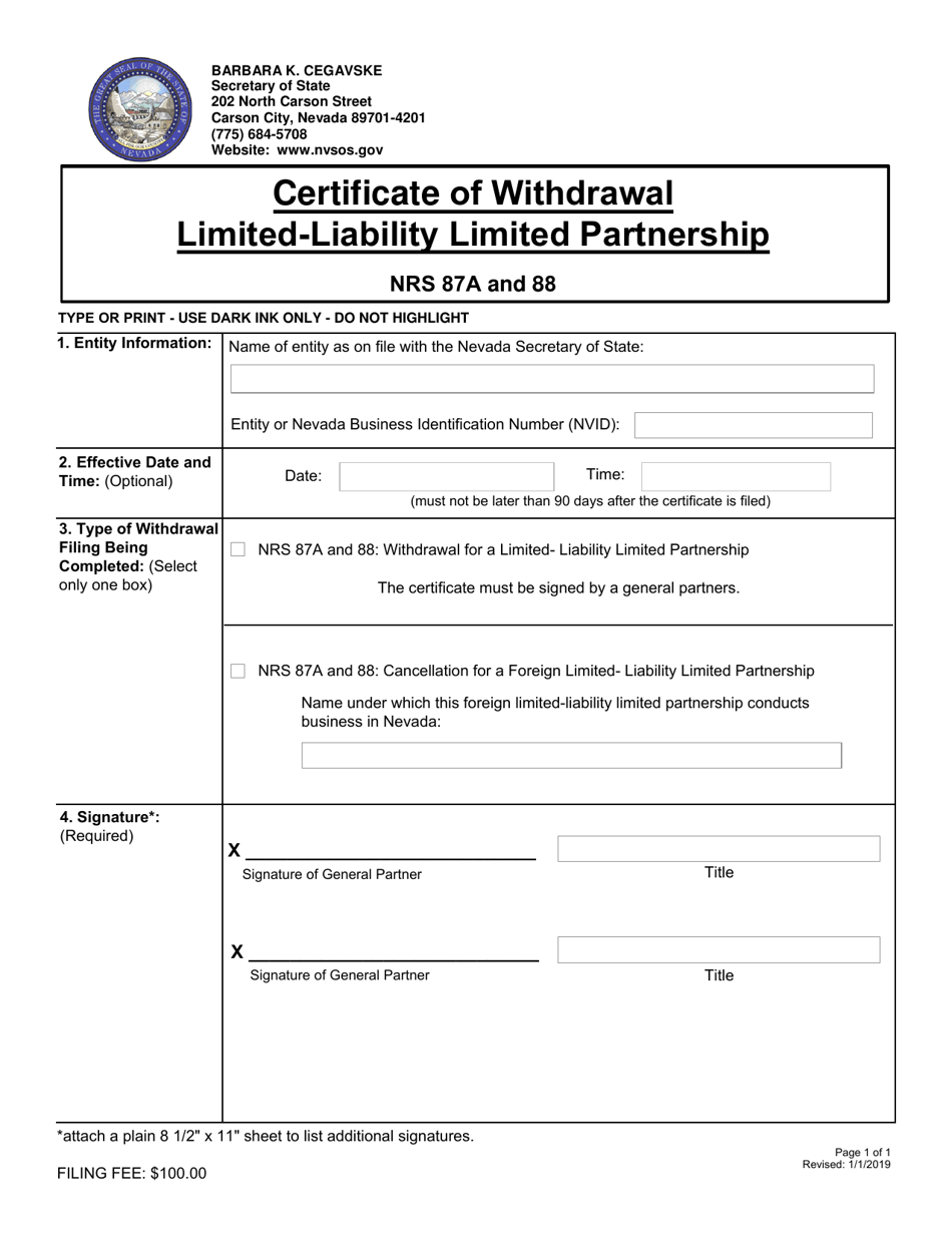Certificate of Withdrawal Limited-Liability Limited Partnership - Nevada, Page 1