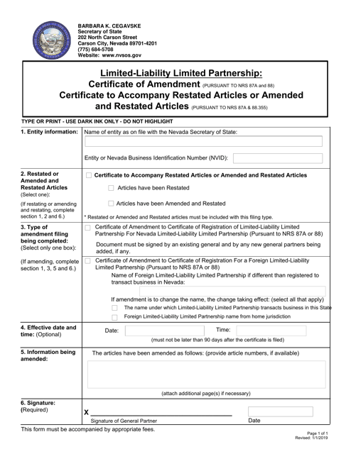 Limited-Liability Limited Partnership: Certificate of Amendment / Certificate to Accompany Restated Articles or Amended and Restated Articles - Nevada Download Pdf
