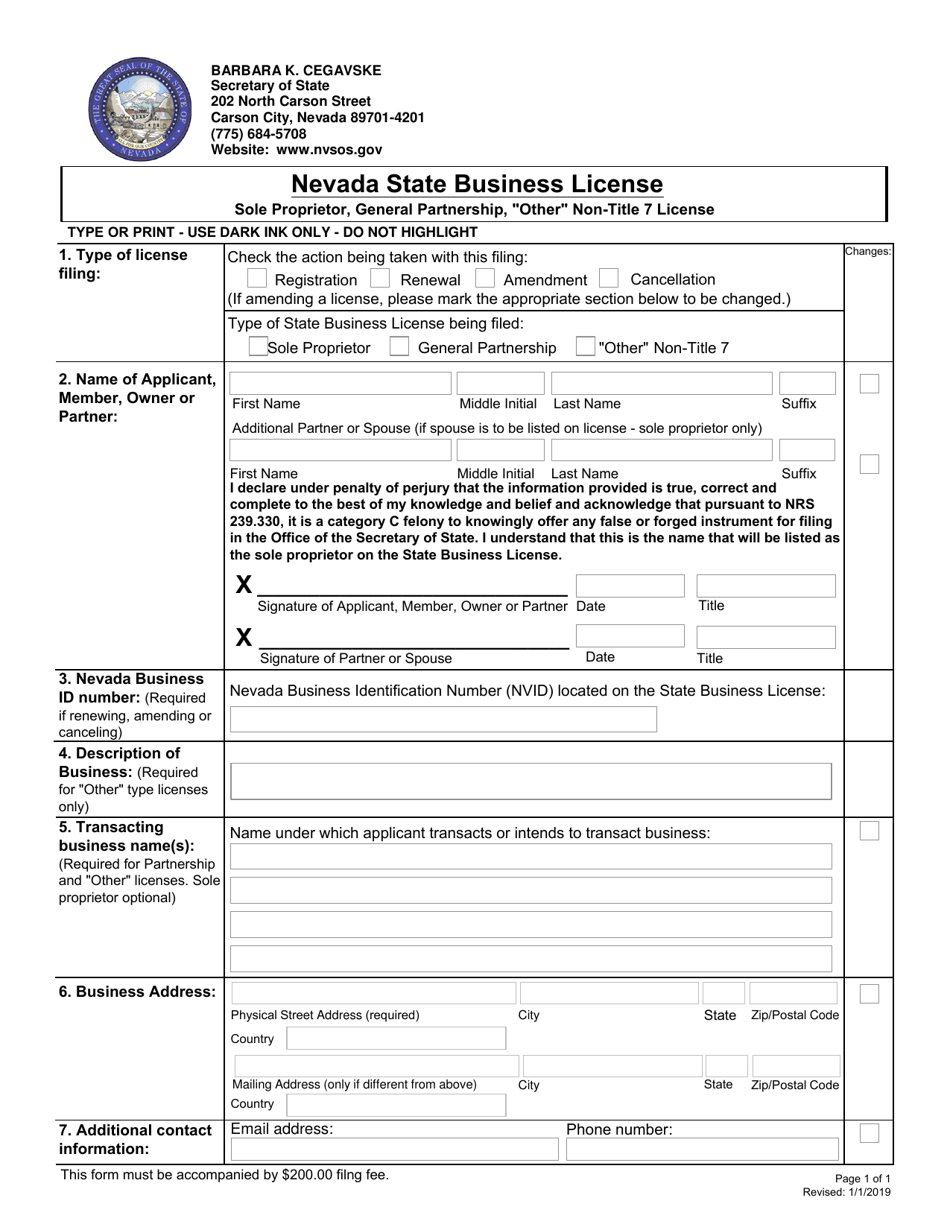 Nevada State Business License - Sole Proprietor, General Partnership, other Non-title 7 License - Nevada, Page 1