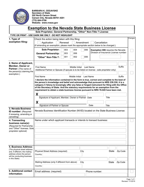 Exemption to the Nevada State Business License - Sole Proprietor, General Partnership, "other" Non-title 7 License - Nevada Download Pdf