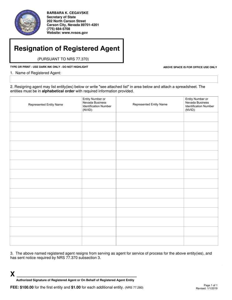 Resignation of Registered Agent - Nevada, Page 1