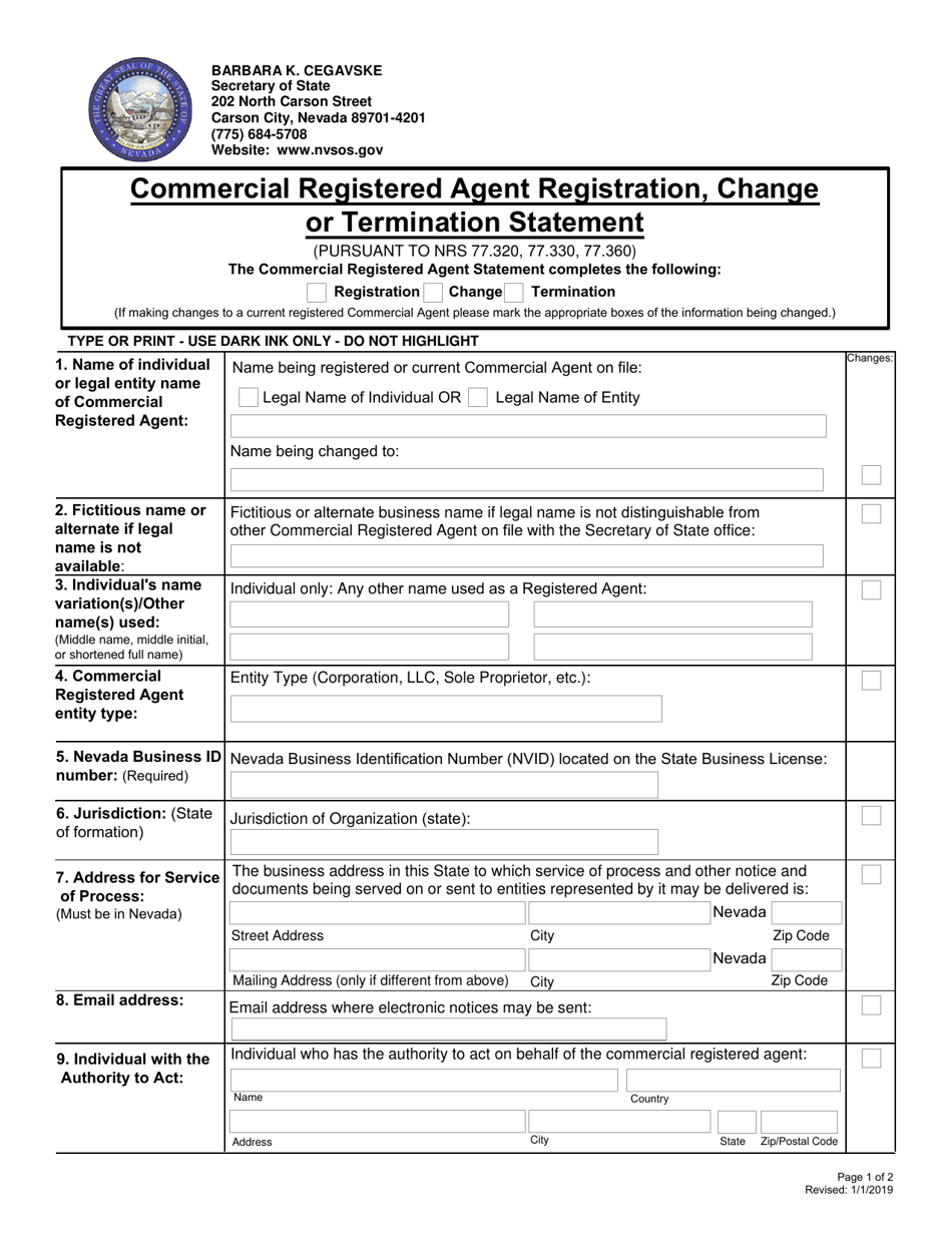 Commercial Registered Agent Registration, Change or Termination Statement - Nevada, Page 1