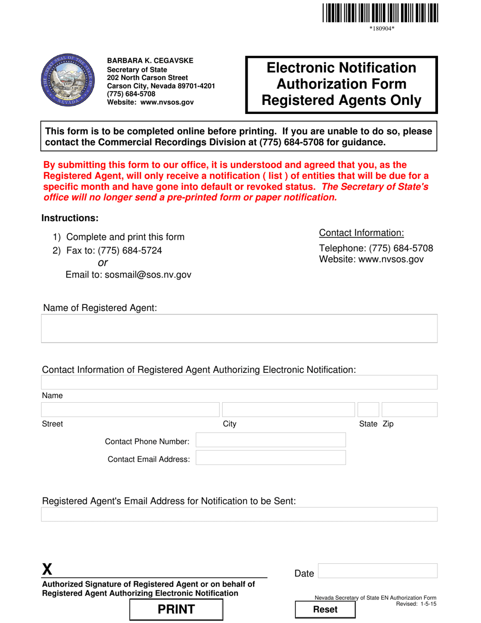 Electronic Notification Authorization Form - Nevada, Page 1