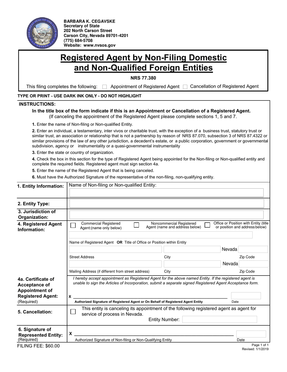 Registered Agent by Non-filing Domestic and Non-qualified Foreign Entities - Nevada, Page 1