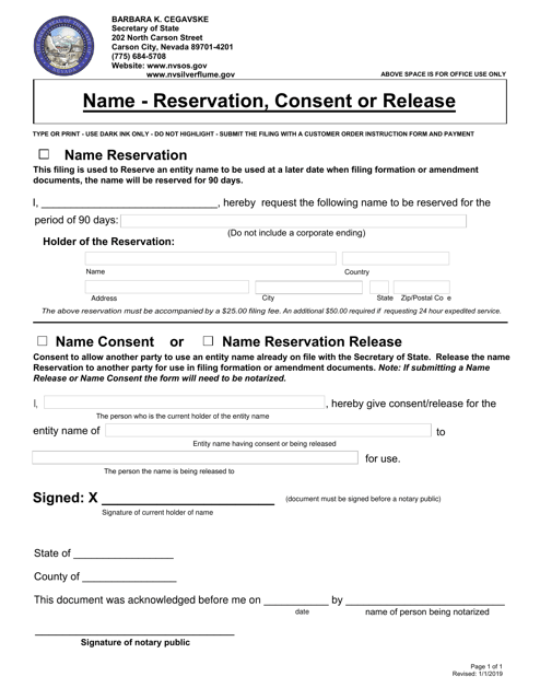Name - Reservation, Consent or Release - Nevada Download Pdf