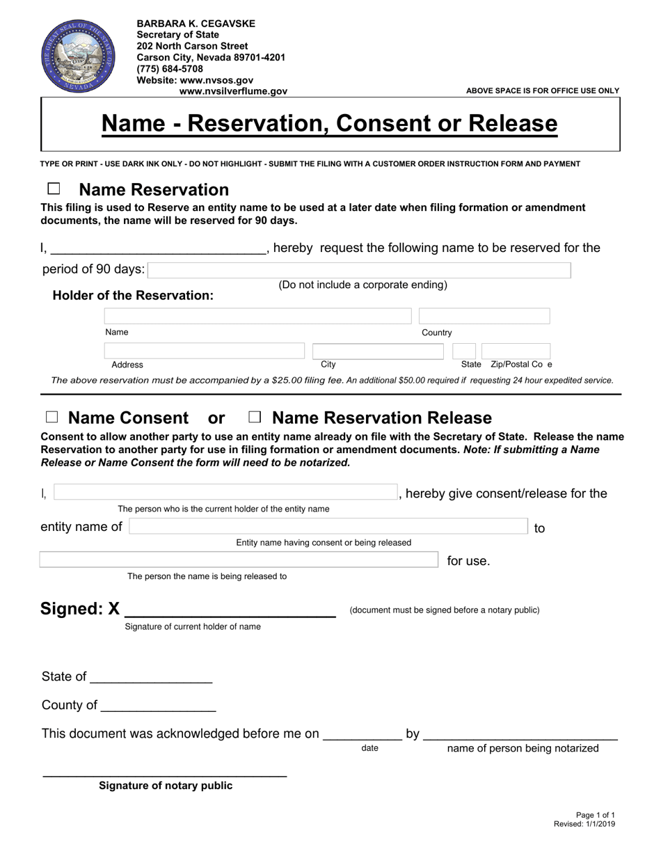 Nevada Name Reservation Consent Or Release Fill Out Sign Online And Download Pdf 2938