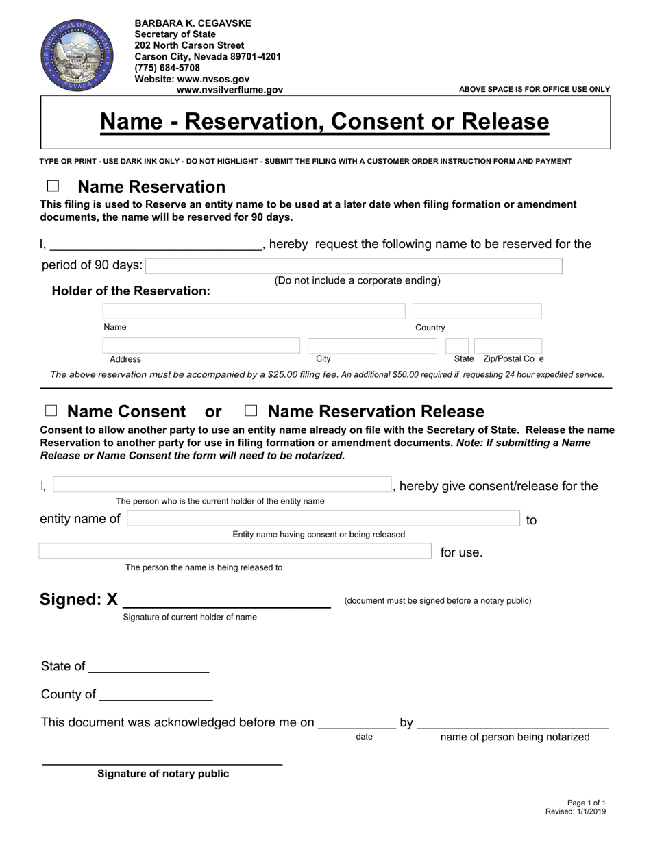 Nevada Name Reservation, Consent or Release Fill Out, Sign Online