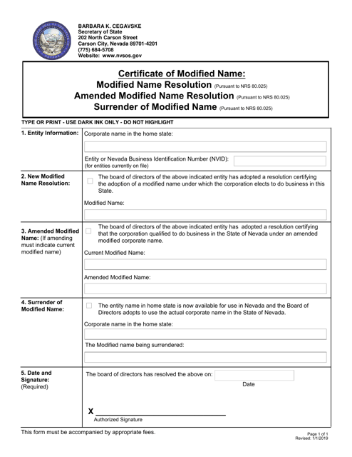 Certificate of Modified Name: Modified Name Resolution / Amended Modified Name Resolution / Surrender of Modified Name - Nevada Download Pdf