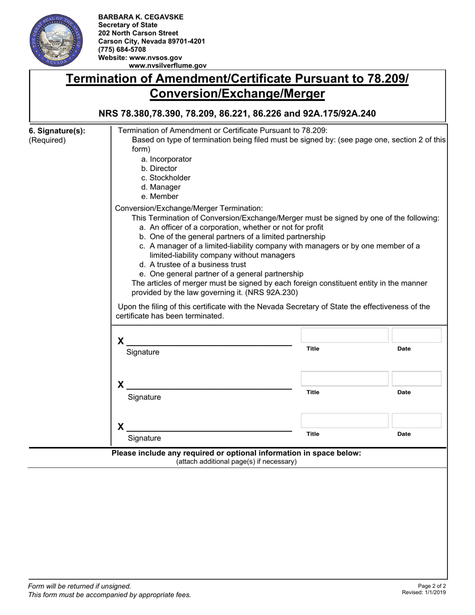 Termination of Amendment / Certificate Pursuant to 78.209 / Conversion / Exchange / Merger - Nevada, Page 2