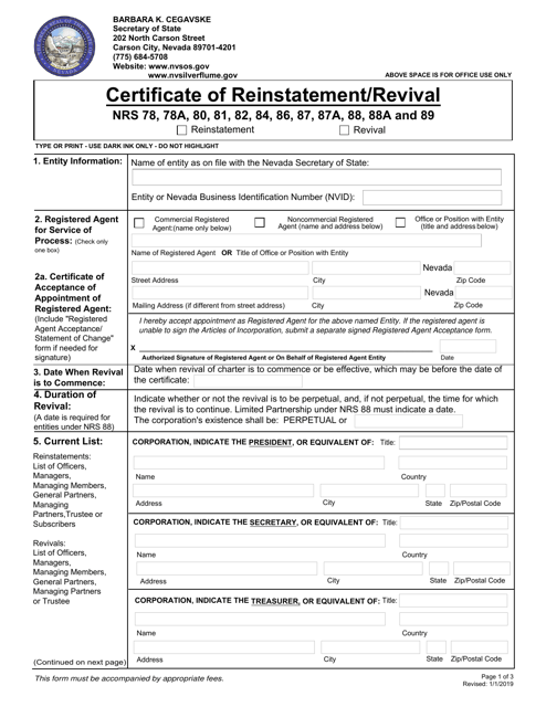 Certificate of Reinstatement / Revival - Nevada Download Pdf