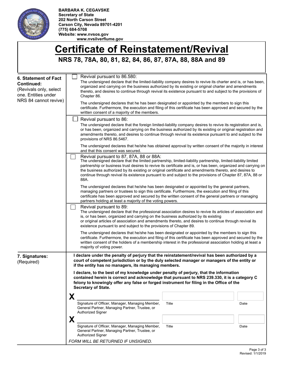 Certificate of Reinstatement / Revival - Nevada, Page 3