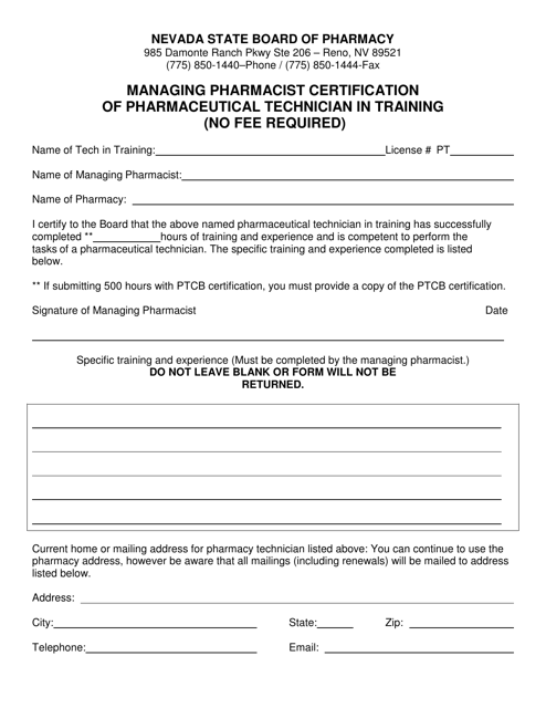 Managing Pharmacist Certification of Pharmaceutical Technician in Training (No Fee Required) - Nevada Download Pdf