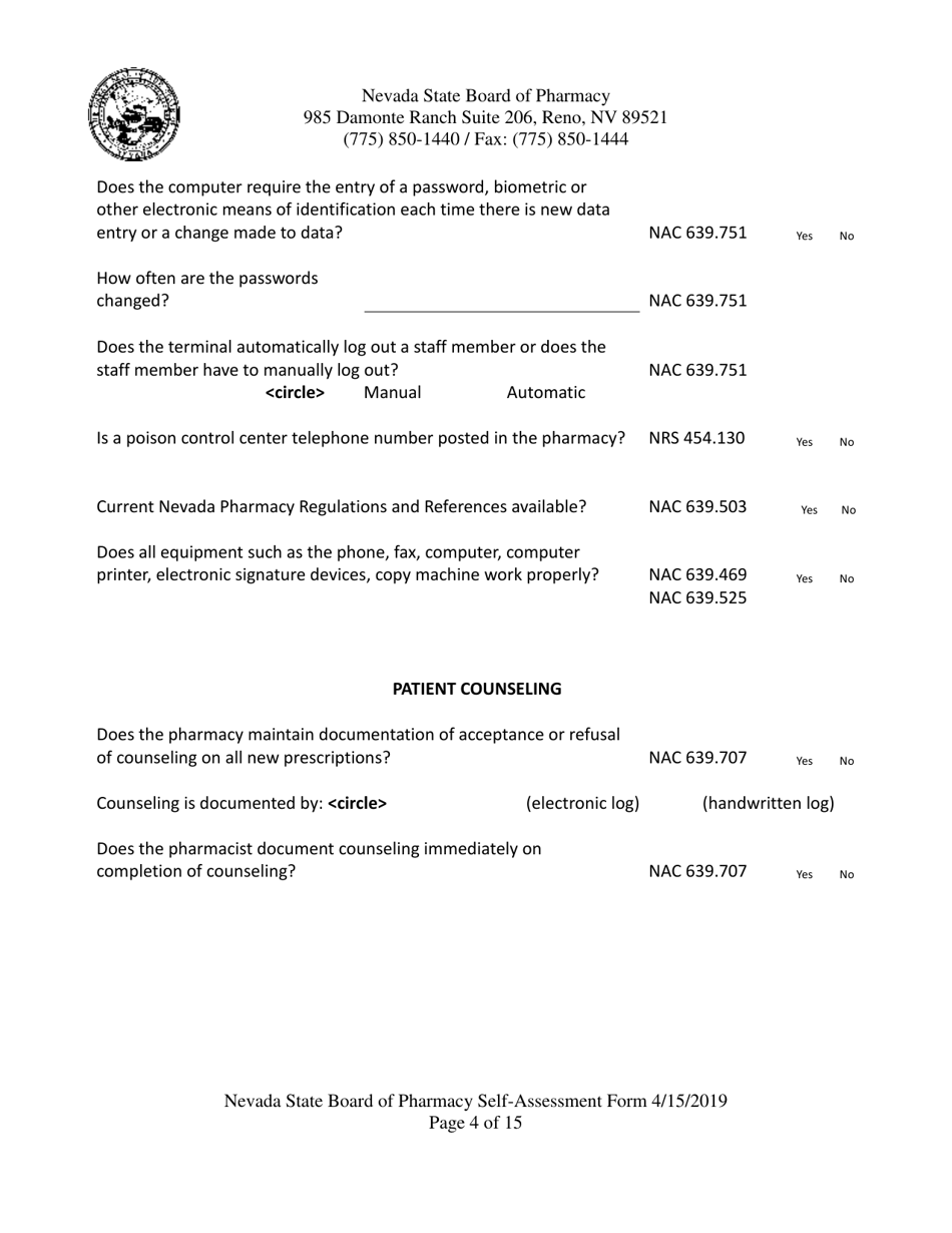 Retail Pharmacy Inspection Form - Nevada, Page 4