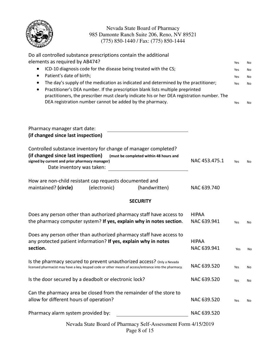 Retail Pharmacy Inspection Form - Nevada, Page 8