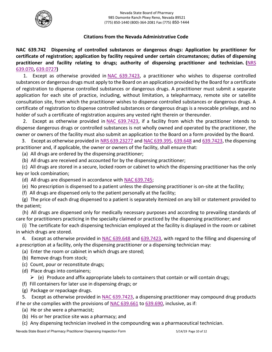 Practitioner Dispensing Inspection Form - Nevada, Page 10