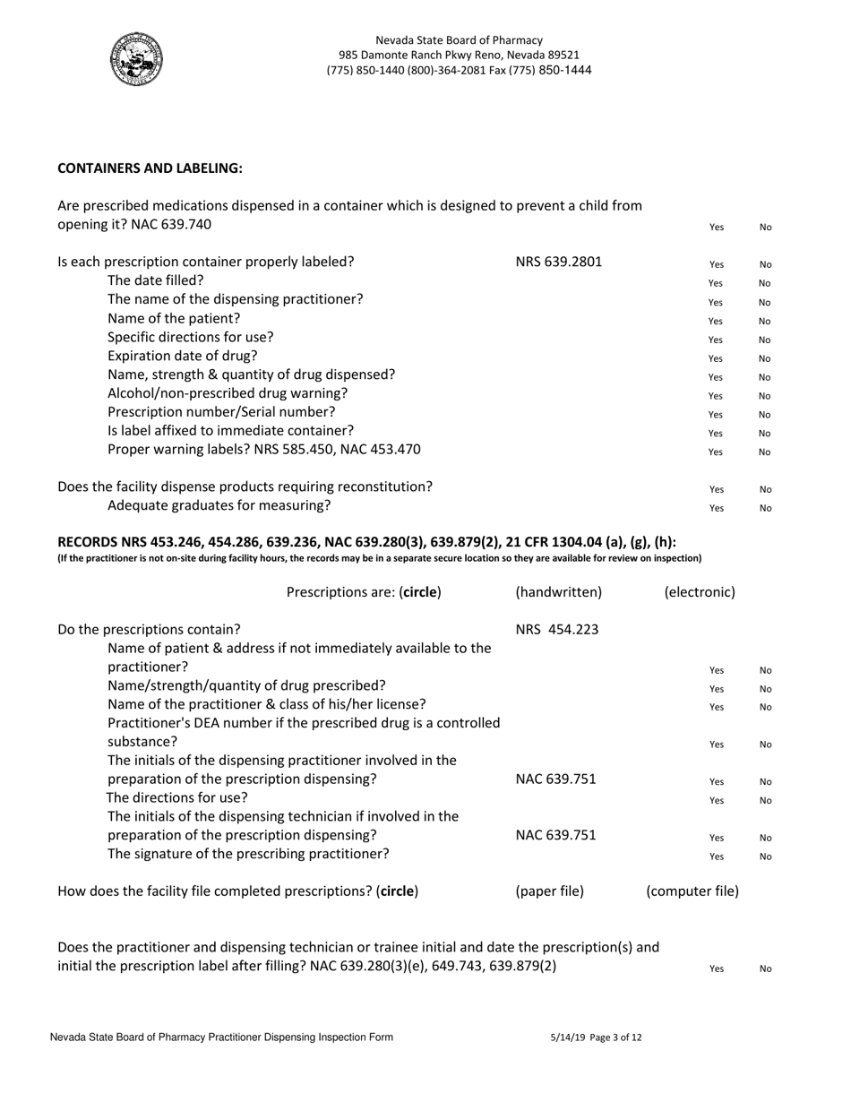 Practitioner Dispensing Inspection Form - Nevada, Page 3