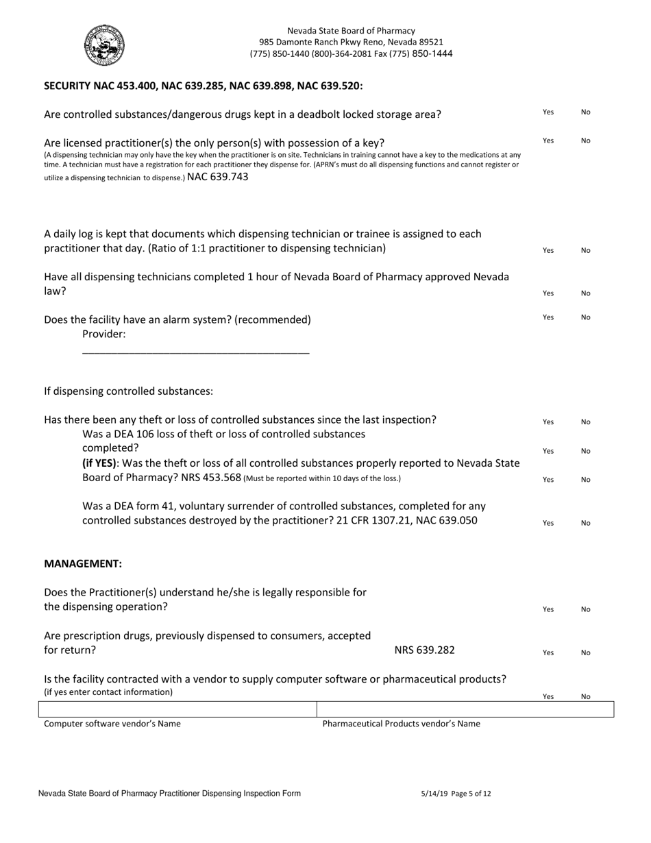 Nevada Practitioner Dispensing Inspection Form Download Printable PDF ...