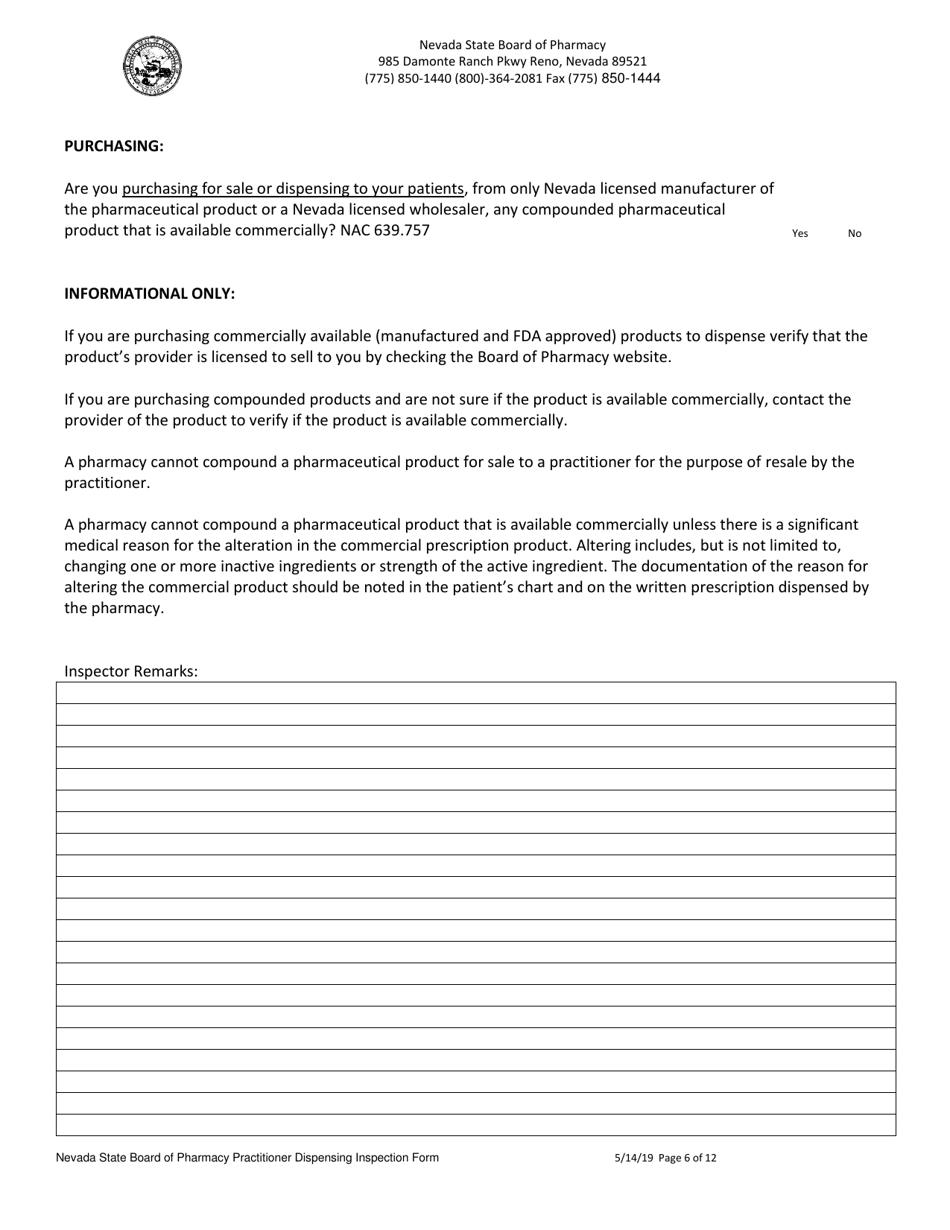 Practitioner Dispensing Inspection Form - Nevada, Page 6