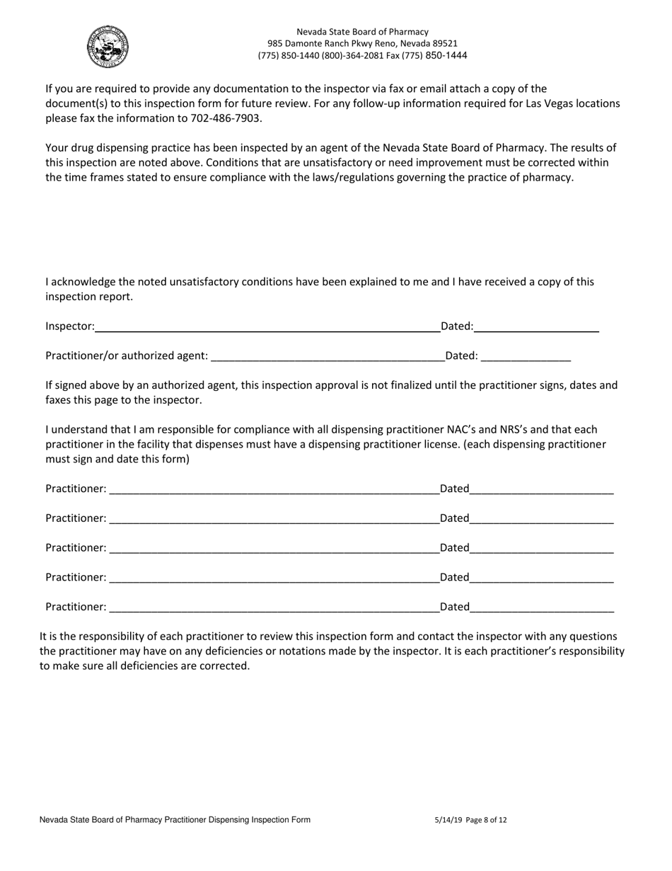 Practitioner Dispensing Inspection Form - Nevada, Page 8
